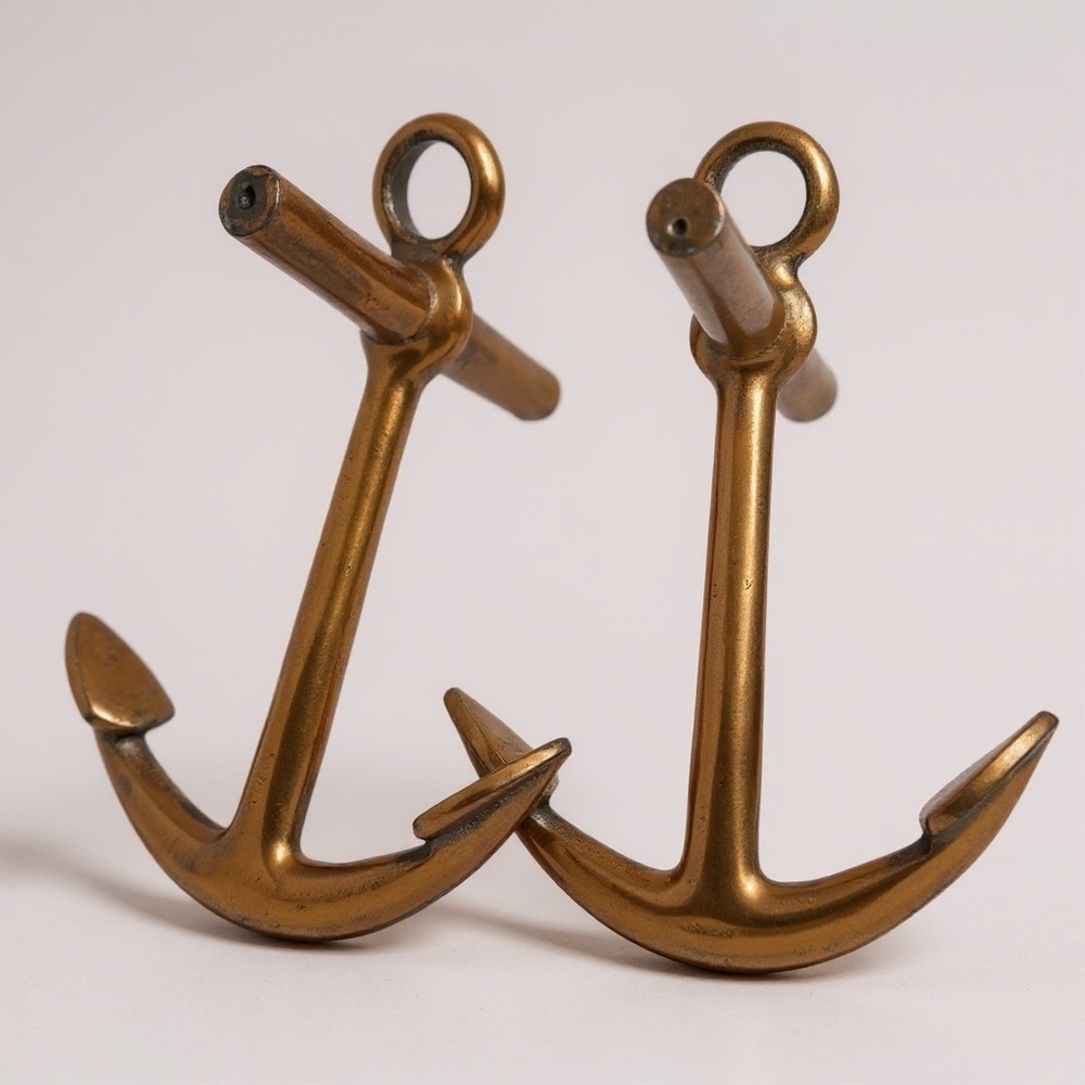 ⚓ Pair of Vintage Solid Brass Nautical Anchor Candlestick Holders ⚓
